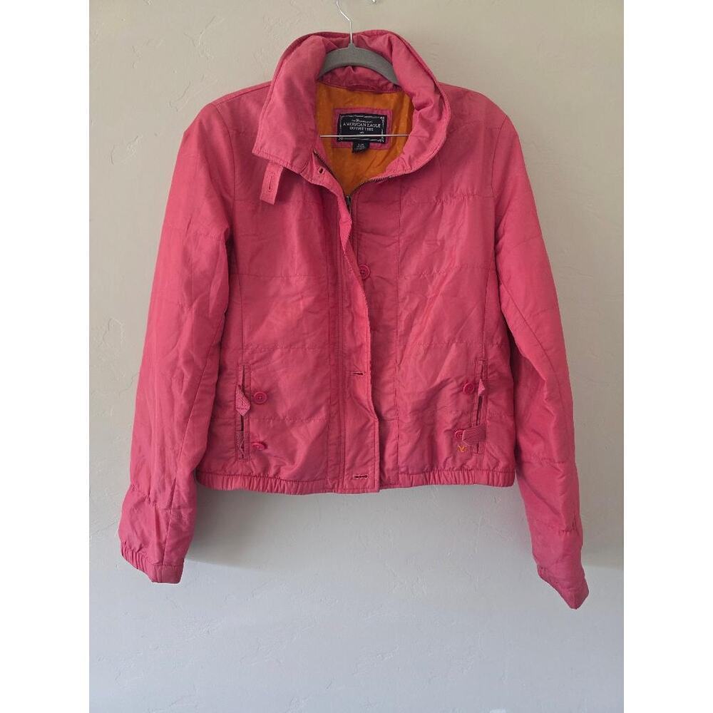 American Eagle Pink Cropped Puffer Jacket Y2K Lightweight Quilted Coat (L)